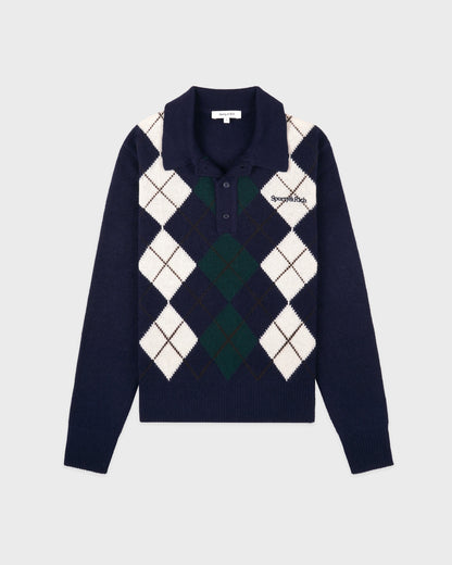 Sporty & RIch Serif Logo Argyle Cashmere Polo in Dark Navy