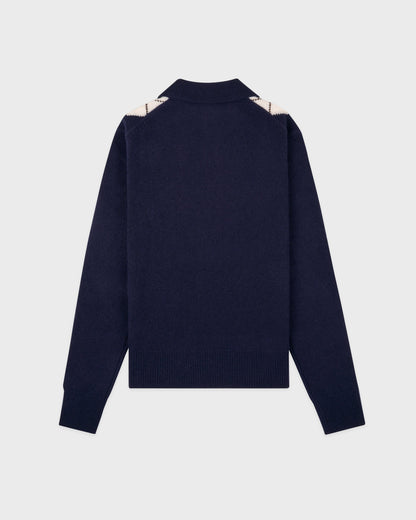 Sporty & RIch Serif Logo Argyle Cashmere Polo in Dark Navy