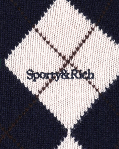Sporty & RIch Serif Logo Argyle Cashmere Polo in Dark Navy