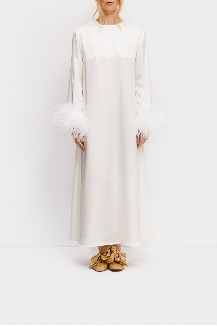 Sleeper Suzi Maxi Dress w/ Detachable Feathers in White