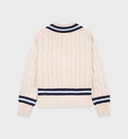 Sporty & Rich SRC Cableknit V-Neck Sweater in Ecru/Dark Navy/Ciel