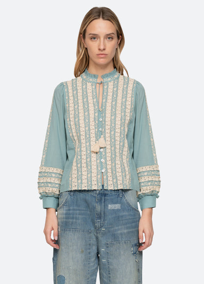 Sea Kirsten Print Long Sleeve Top in Sky