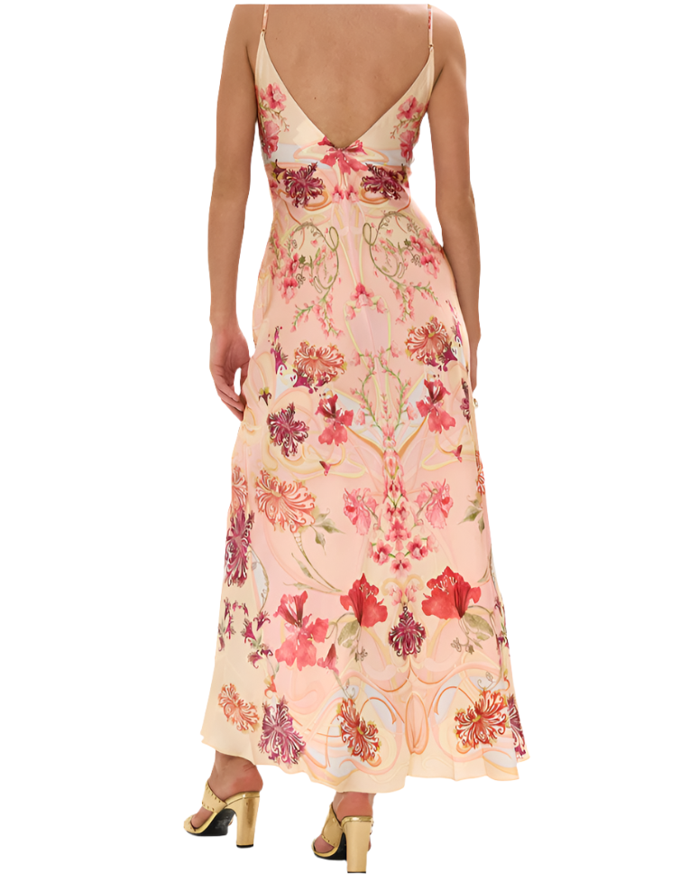 Camilla V Neck Bias Slip Dress in Blossoms & Brushstrokes