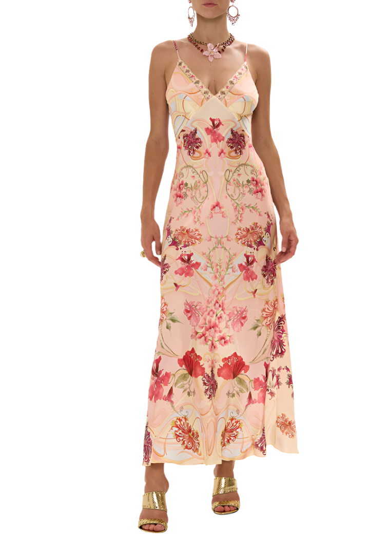 Camilla V Neck Bias Slip Dress in Blossoms & Brushstrokes