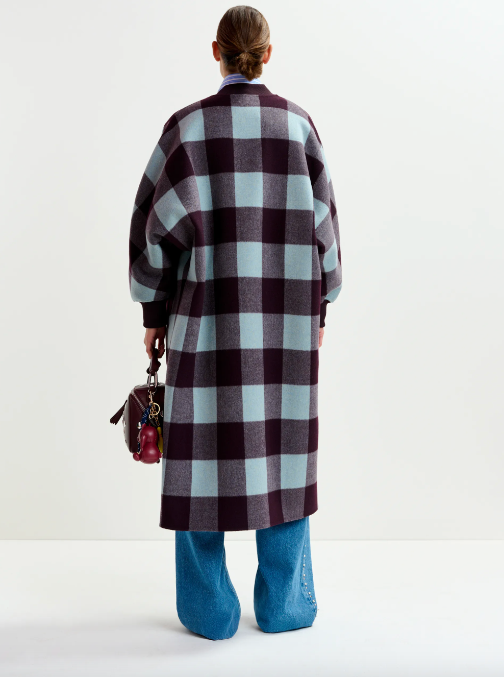 Essentiel Antwerp Ifit Deep Burgundy and Blue Wool Check Coat