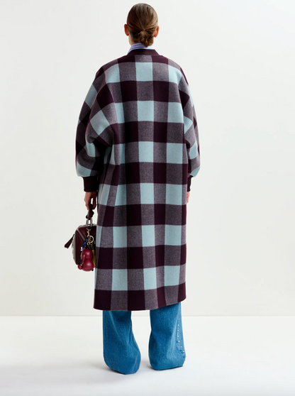 Essentiel Antwerp Ifit Deep Burgundy and Blue Wool Check Coat
