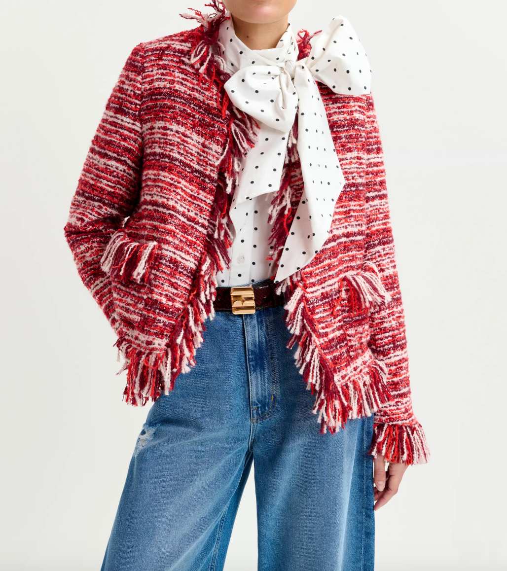 Essentiel Antwerp Iskra Fringed Bouclé Jacket in Burgundy Red/White