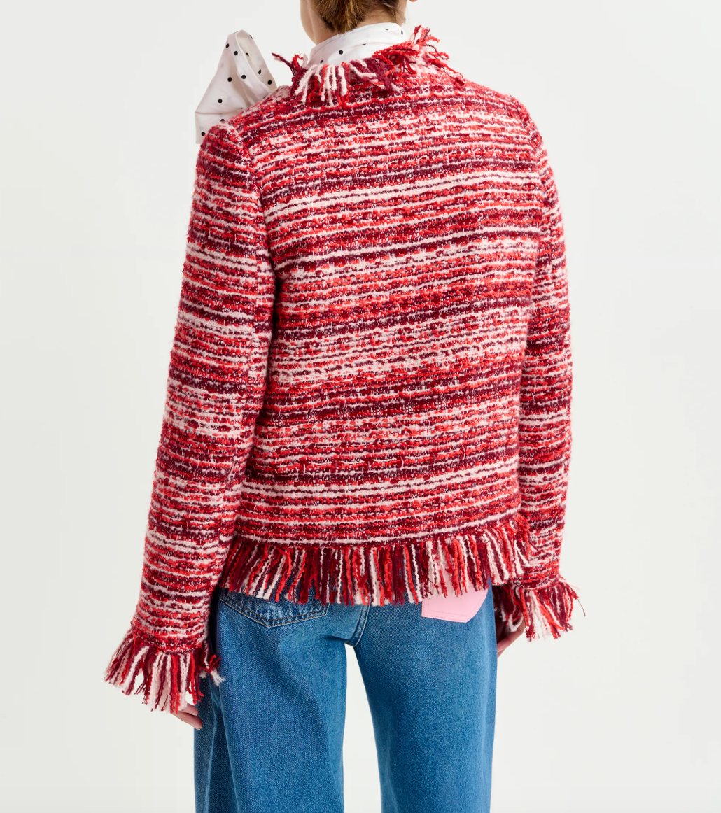 Essentiel Antwerp Iskra Fringed Bouclé Jacket in Burgundy Red/White