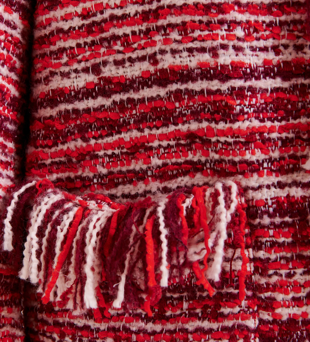 Essentiel Antwerp Iskra Fringed Bouclé Jacket in Burgundy Red/White