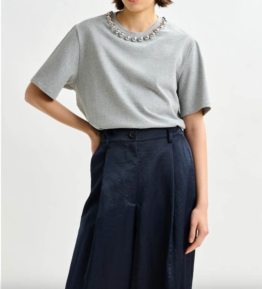 Essentiel Antwerp Intenso Silver Cotton T-Shirt With Metallic Pearls (More Colors)