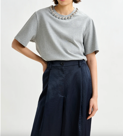 Essentiel Antwerp Intenso Silver Cotton T-Shirt With Metallic Pearls (More Colors)