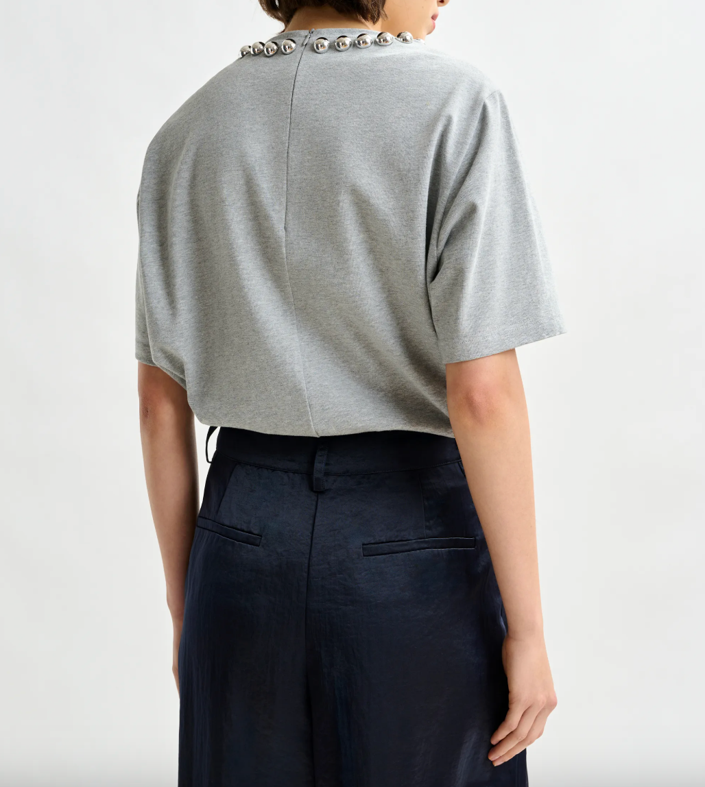 Essentiel Antwerp Intenso Silver Cotton T-Shirt With Metallic Pearls (More Colors)