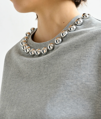 Essentiel Antwerp Intenso Silver Cotton T-Shirt With Metallic Pearls (More Colors)