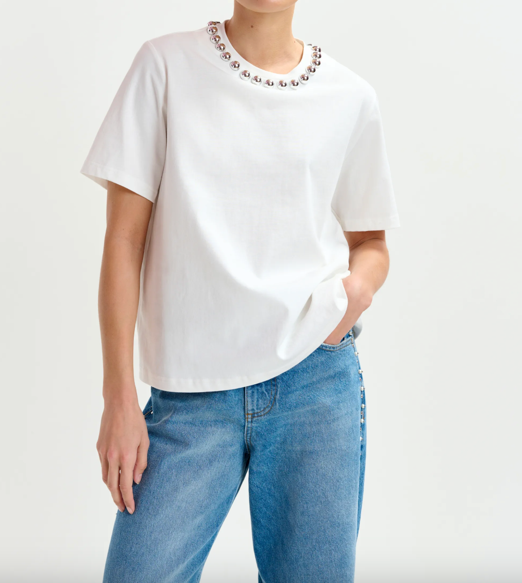 Essentiel Antwerp Intenso Silver Cotton T-Shirt With Metallic Pearls (More Colors)