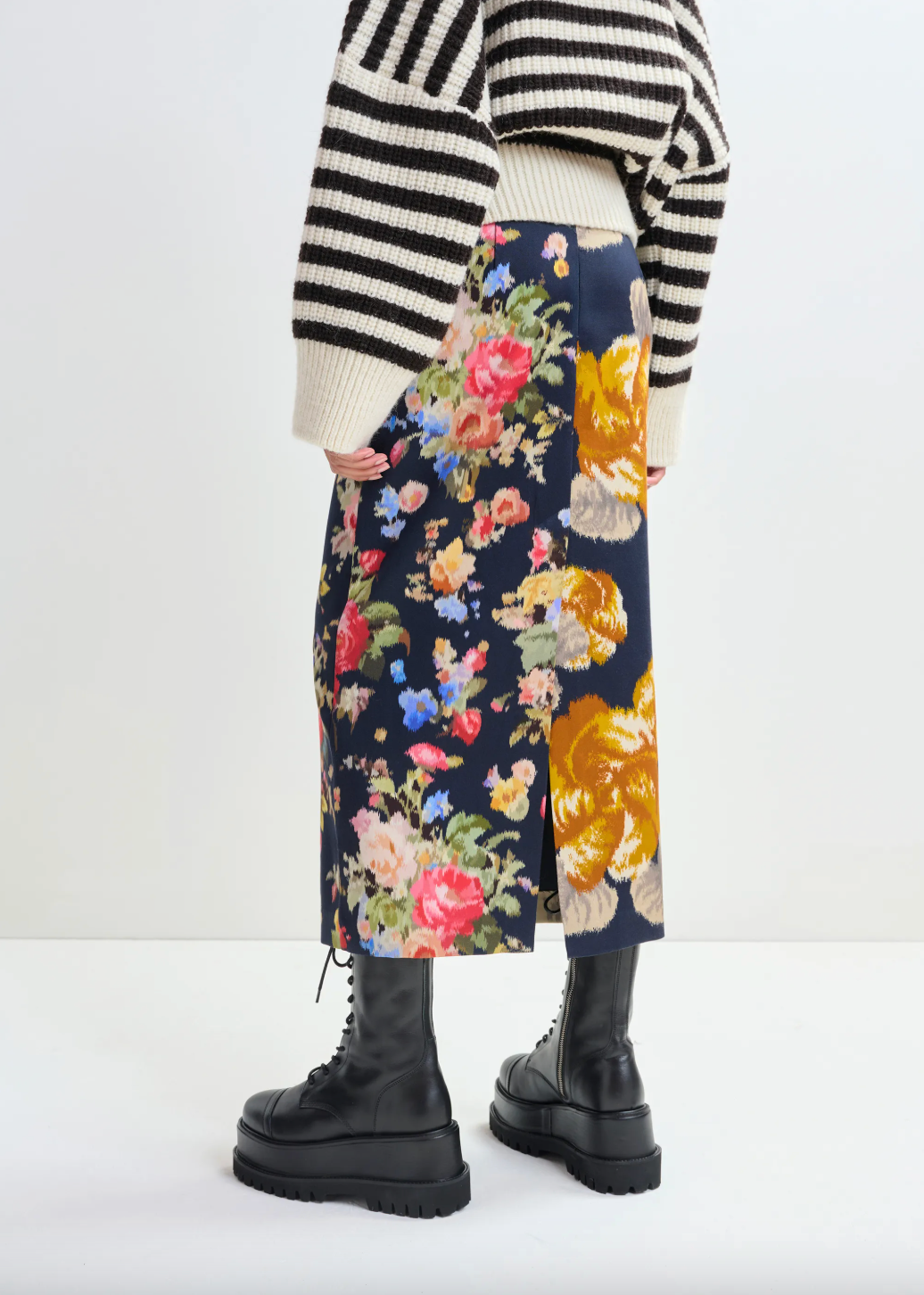 Essentiel Antwerp Jonsea Navy and Multicolor Dual Floral Print Midi Skirt