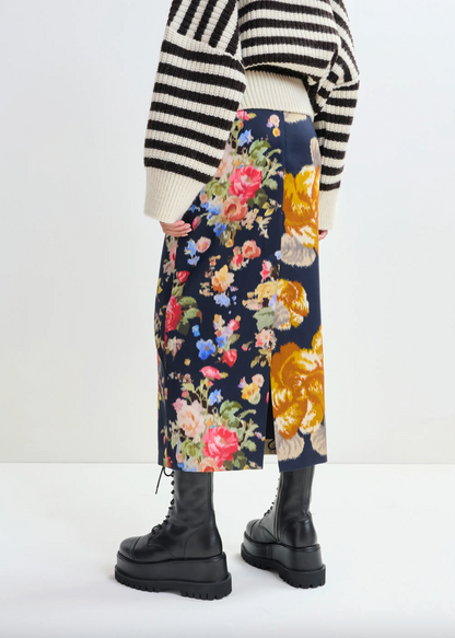 Essentiel Antwerp Jonsea Navy and Multicolor Dual Floral Print Midi Skirt