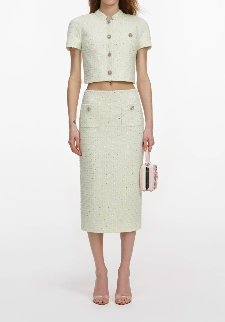 Self-Portrait Lime Boucle Top in Green