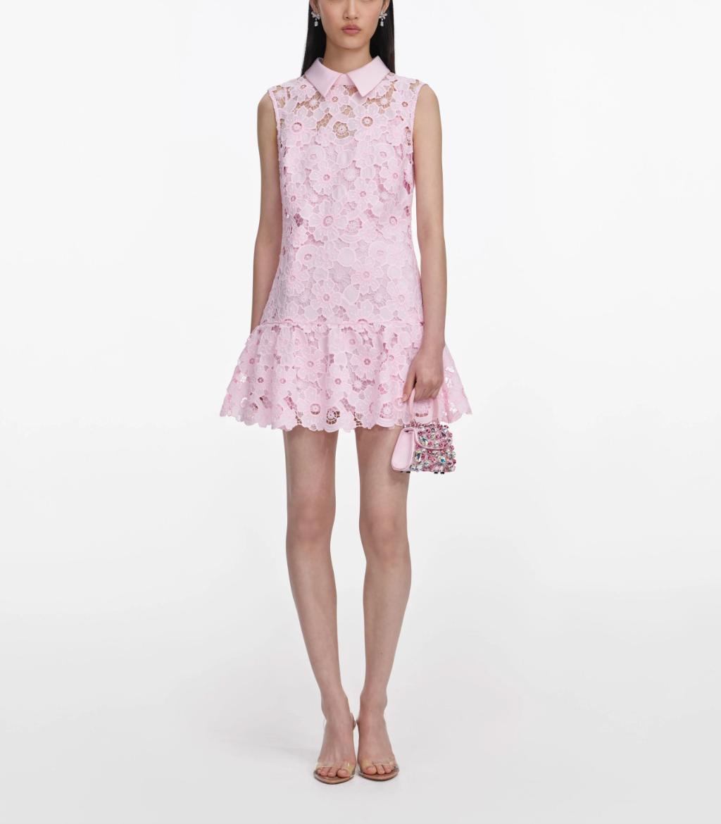 Self-Portrait Lace Collared Mini Dress in Pink