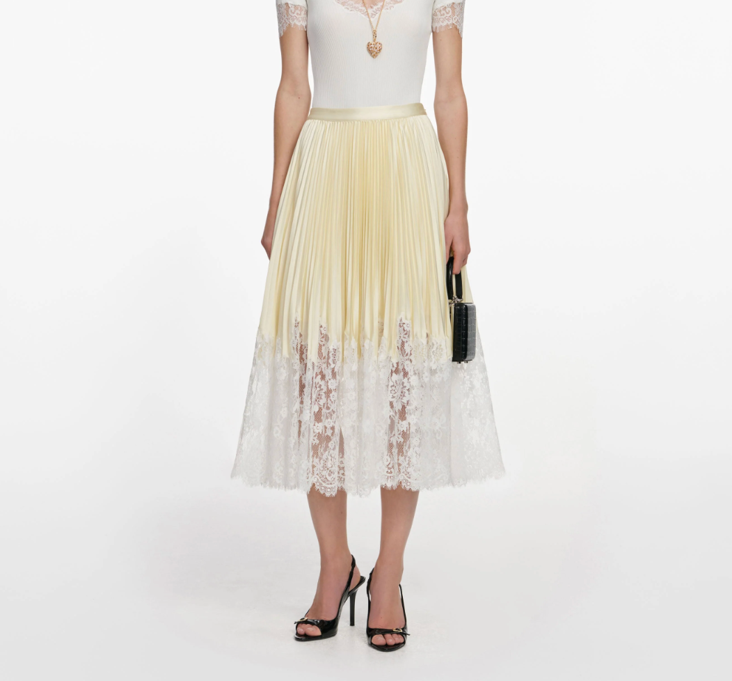 Self-Portrait Satin Lace Midi Skirt in Yellow