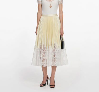 Self-Portrait Satin Lace Midi Skirt in Yellow
