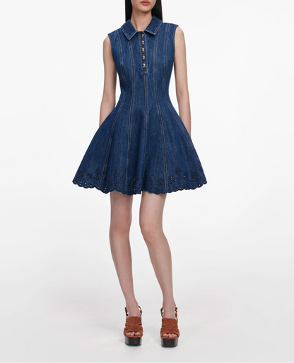Self-Portrait Denim Broderie Mini Dress in Blue