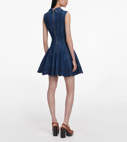 Self-Portrait Denim Broderie Mini Dress in Blue