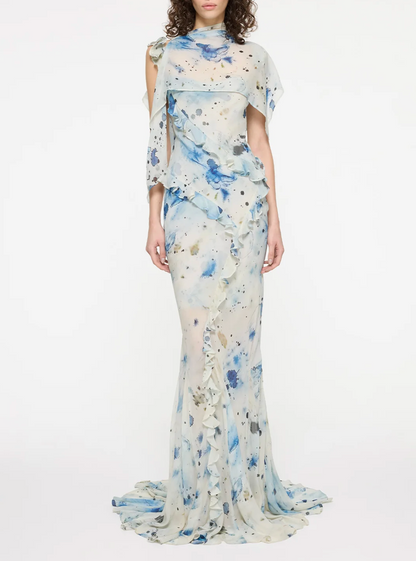 Paris Georgia Romantic Ruffle Dress in Raindrop Print