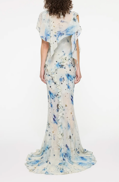 Paris Georgia Romantic Ruffle Dress in Raindrop Print
