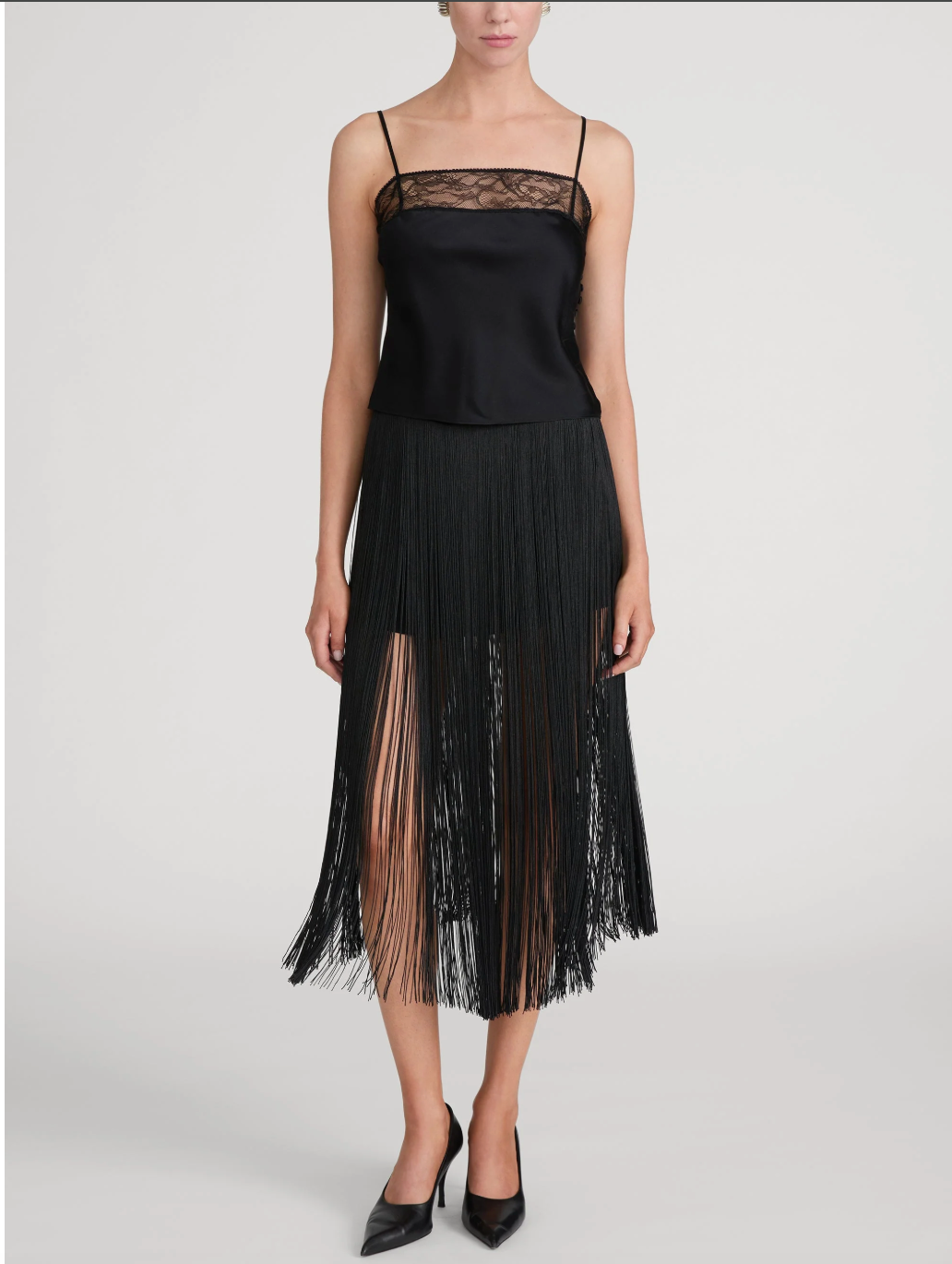 Frame Fringe Midi Skirt in Black