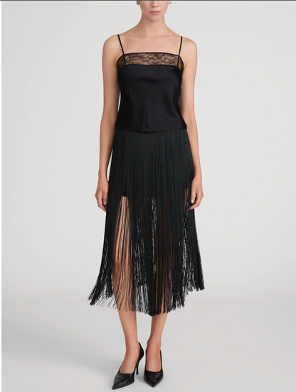 Frame Fringe Midi Skirt in Black