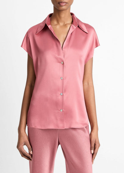 Vince Silk Cap-Sleeve Ruched-Back Blouse in Peony Wood