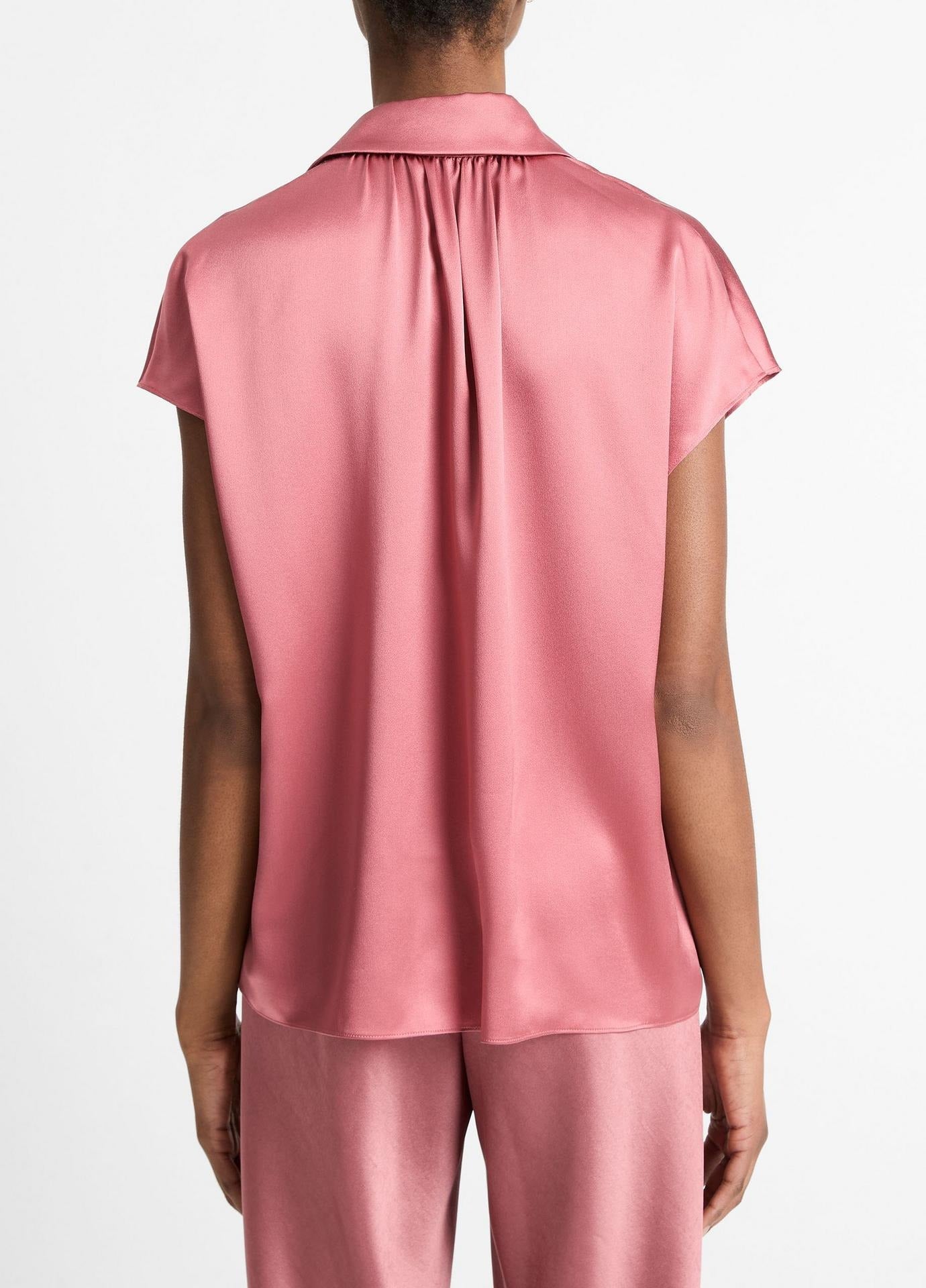 Vince Silk Cap-Sleeve Ruched-Back Blouse in Peony Wood