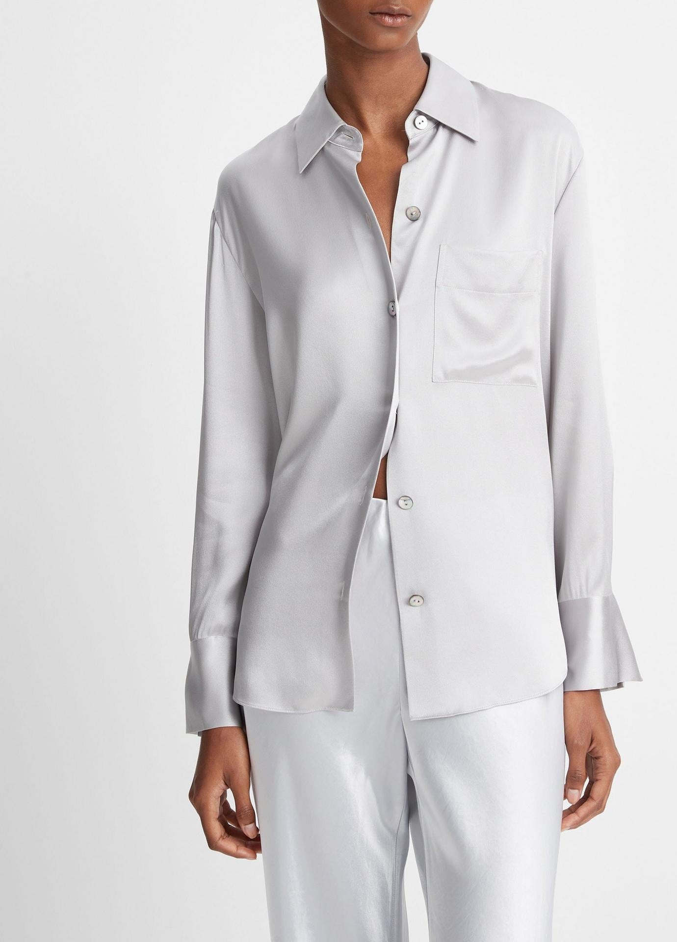 Vince Silk Relaxed Chest Pocket Blouse in Silverstone