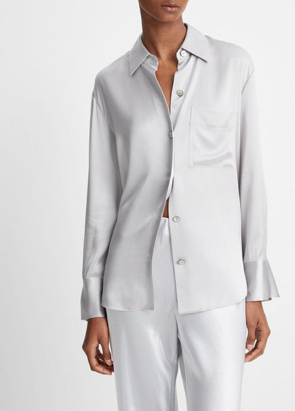 Vince Silk Relaxed Chest Pocket Blouse in Silverstone