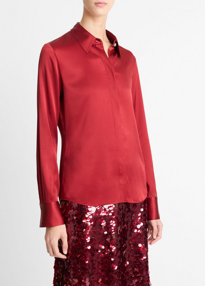 Vince Slim Fit Satin Shirt in Ruby Ink