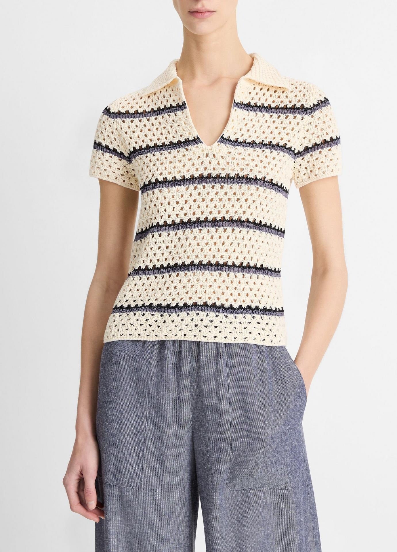 Vince Macrame Stripe Henley in Off White Combo