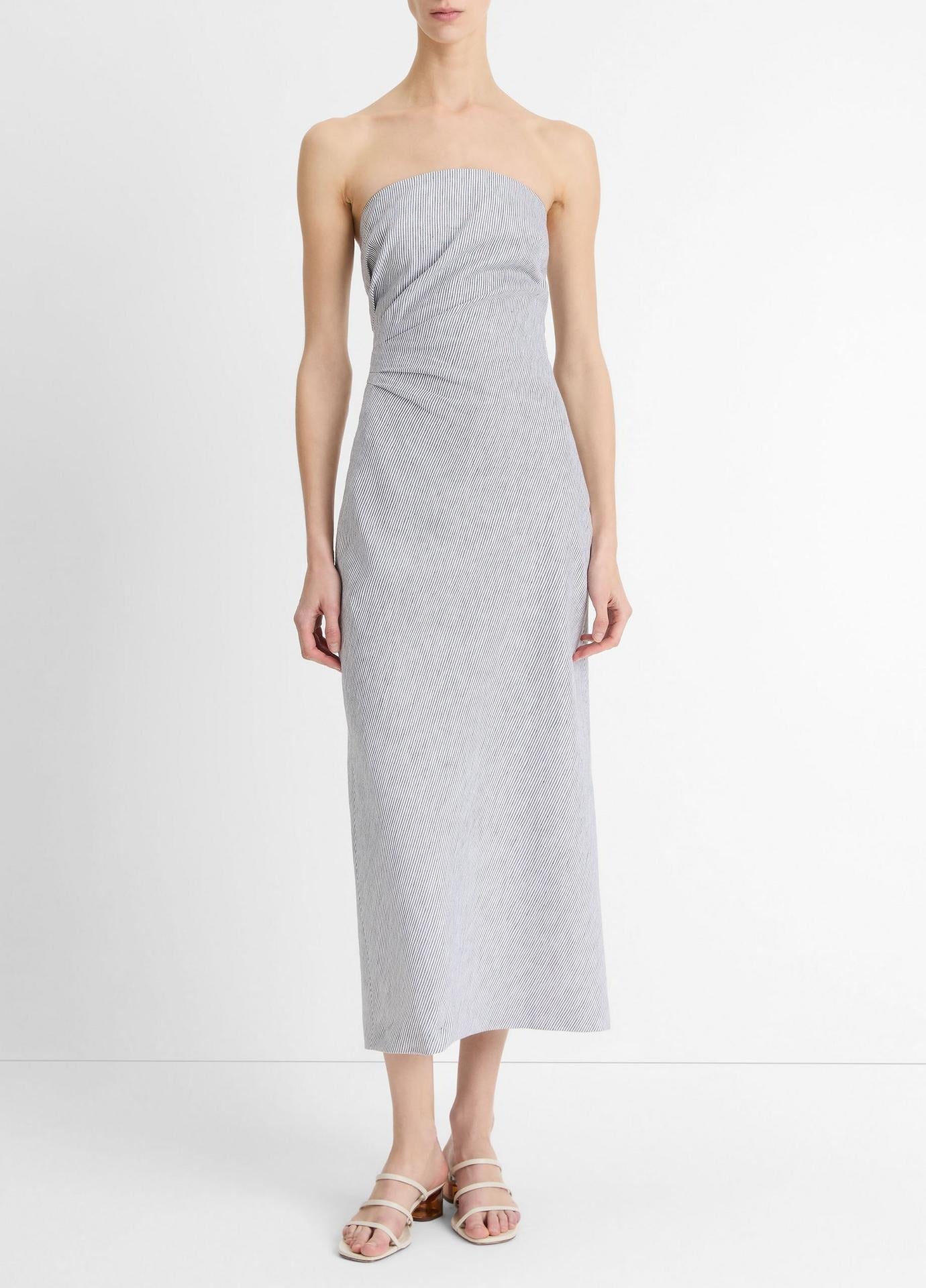 white christmas dresses Vince Ticking Stripe Drape Front Strapless Dress in Iris Slate/Off Whi –  Leigh's of Breton Village