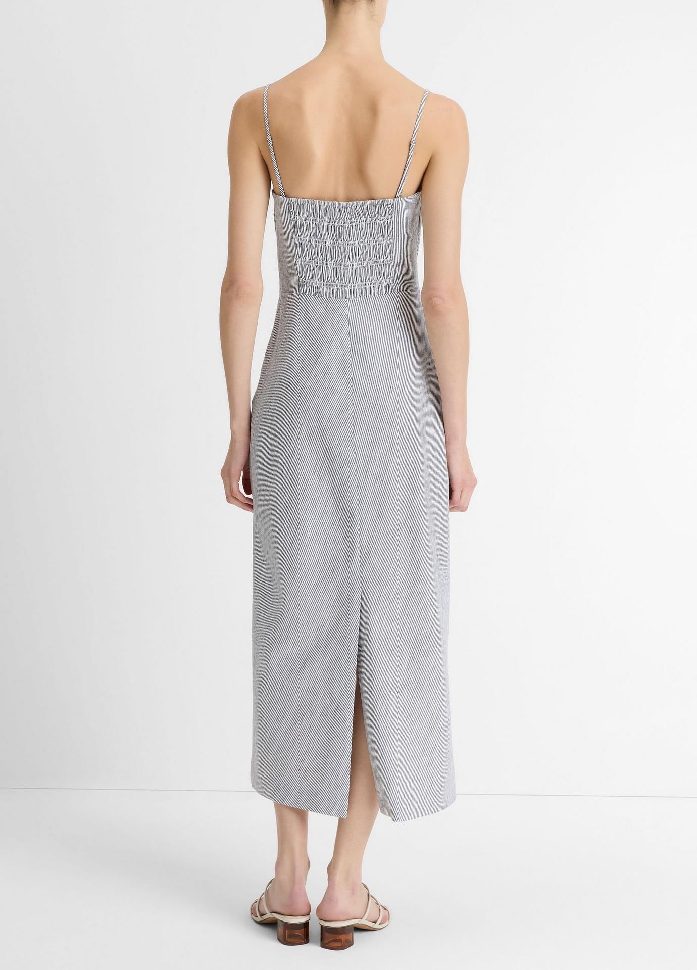 Vince Ticking Stripe Drape Front Strapless Dress in Iris Slate/Off White