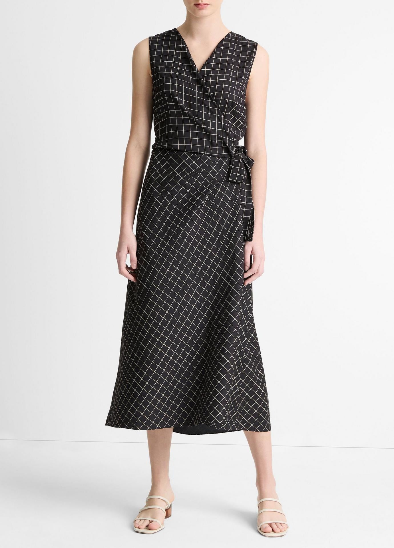 Vince Trellis Plaid Sleeveless Drape Wrap Dress in Black/Cream