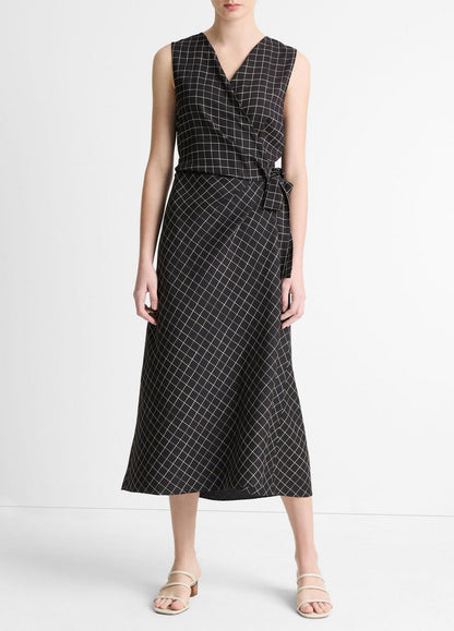 Vince Trellis Plaid Sleeveless Drape Wrap Dress in Black/Cream