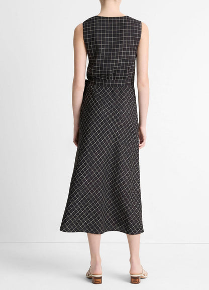 Vince Trellis Plaid Sleeveless Drape Wrap Dress in Black/Cream