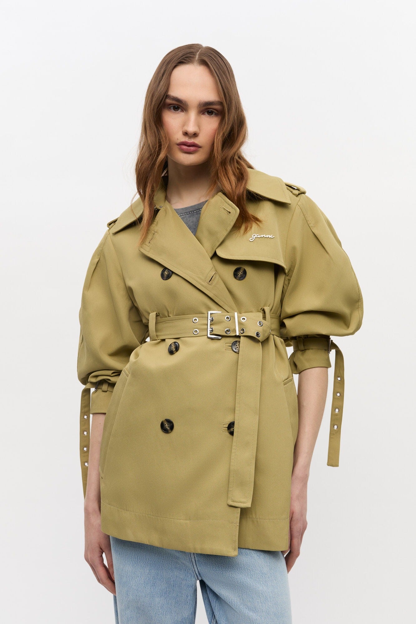 Ganni Beige Heavy Twill Midi Trench Coat in Boa