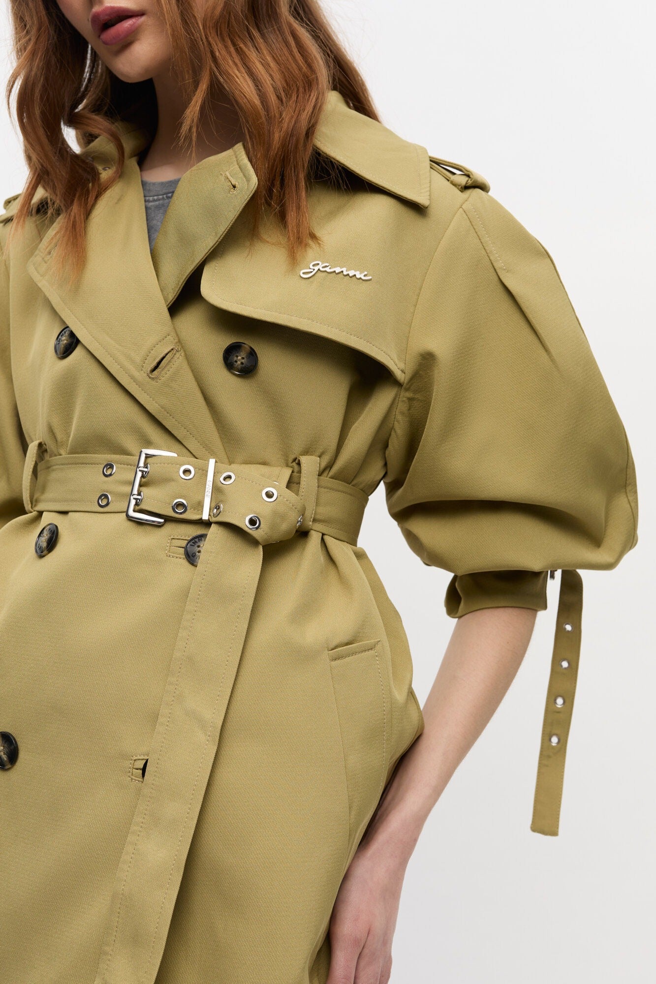 Ganni Beige Heavy Twill Midi Trench Coat in Boa