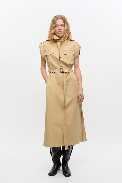 Ganni Classic Summer Suiting Cowl Neck Dress in Pale Khaki
