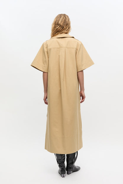 Ganni Classic Summer Suiting Cowl Neck Dress in Pale Khaki
