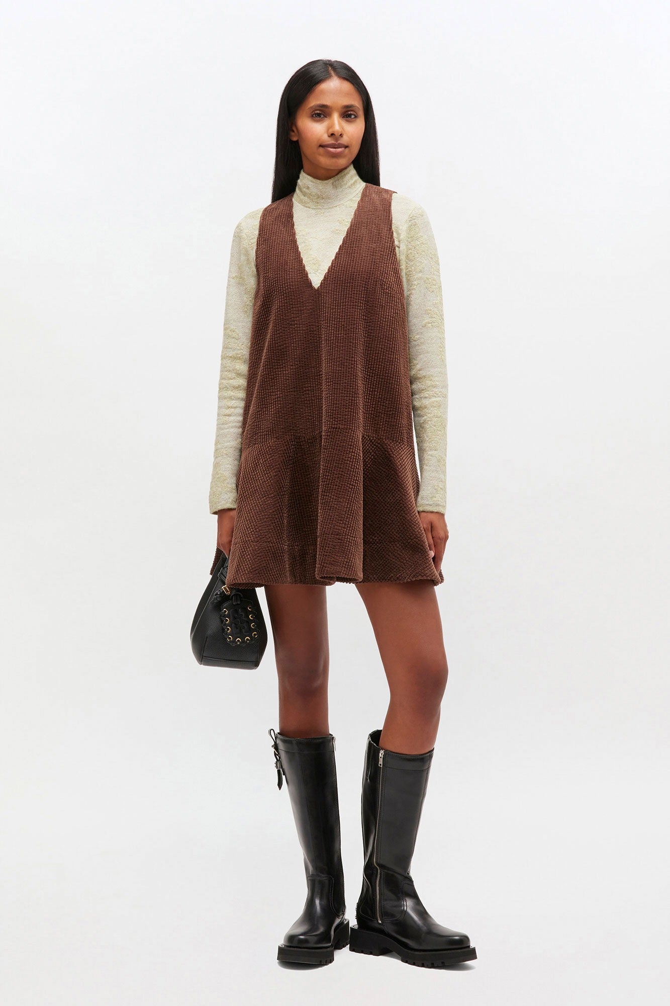 Ganni Seersucker Corduroy V-Neck Dress in Chicory Coffee