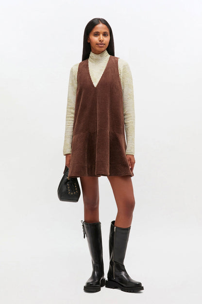 Ganni Seersucker Corduroy V-Neck Dress in Chicory Coffee