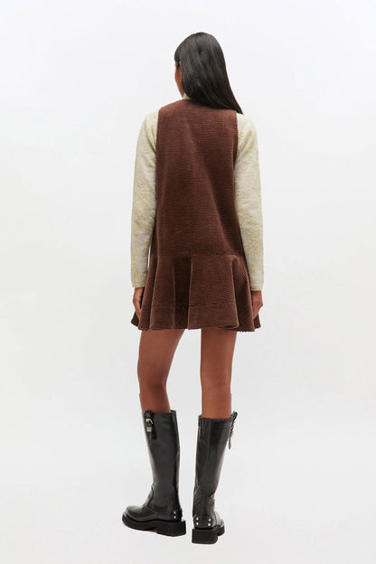 Ganni Seersucker Corduroy V-Neck Dress in Chicory Coffee