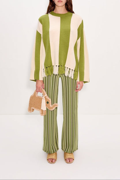 Simon Miller Faye Tassel Sweater in Moss Green/Cream