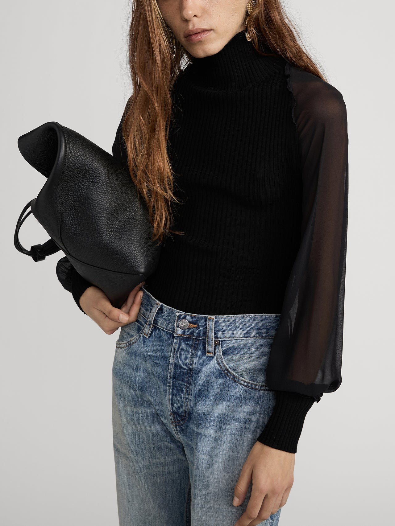 Frame Sheer Sleeve Top in Black
